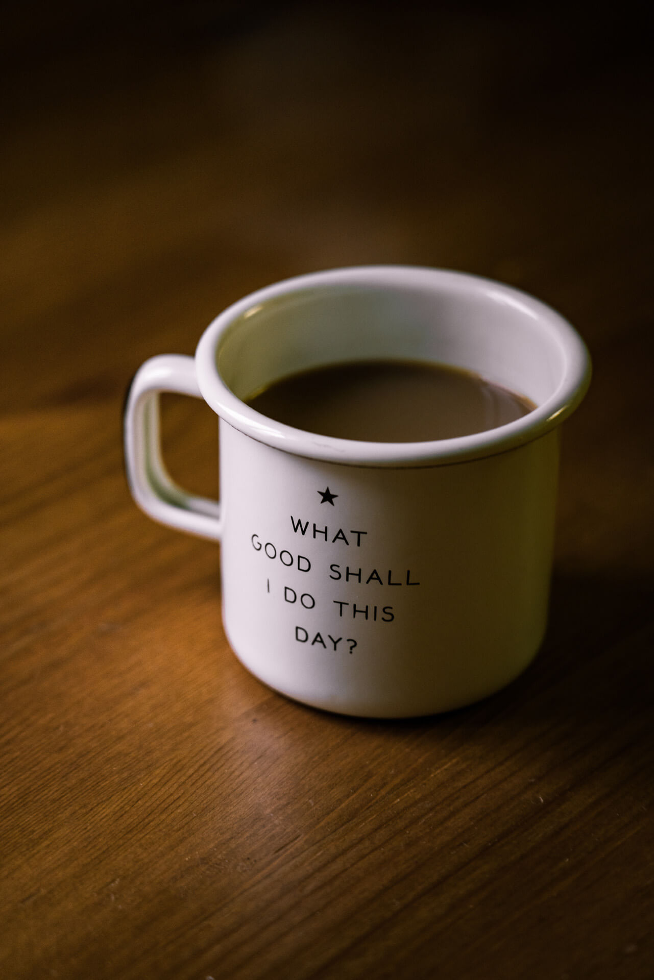 A coffee cup that says "What good shall I do this day?"