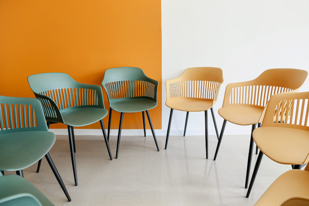 Empty chairs prepared for a group session